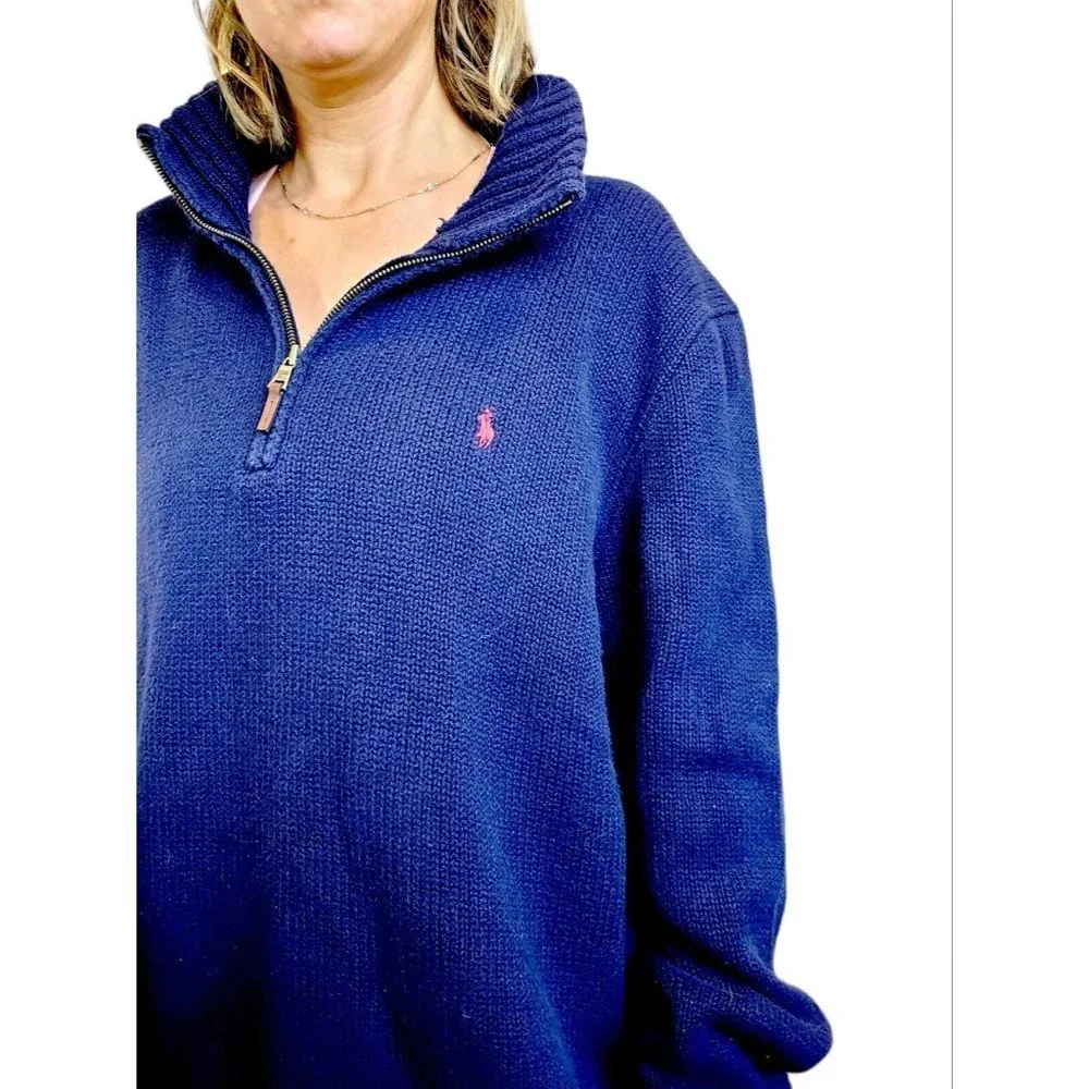 90s‎ Polo Ralph Lauren XL Navy Blue Knit Quarter Zip Pullover Cotton